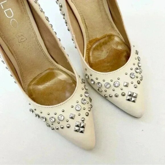 Aldo Cream Leather Pumps Pointed Toe High Heel Rhinestone Studded Stiletto 7.5 - Picture 11 of 16